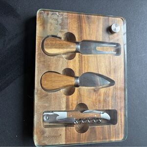 Brandani Wooden Handle Charcutier Cheese Utensil Glass & Wood Cutting Board Set